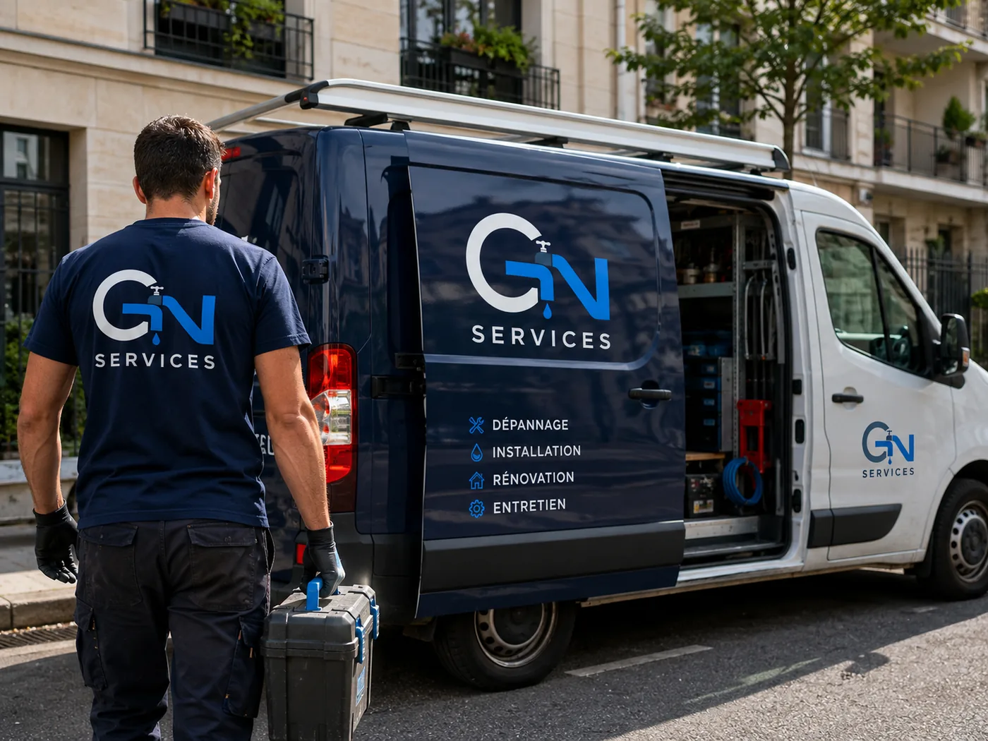 Fourgon atelier GN Services stationné devant un immeuble parisien